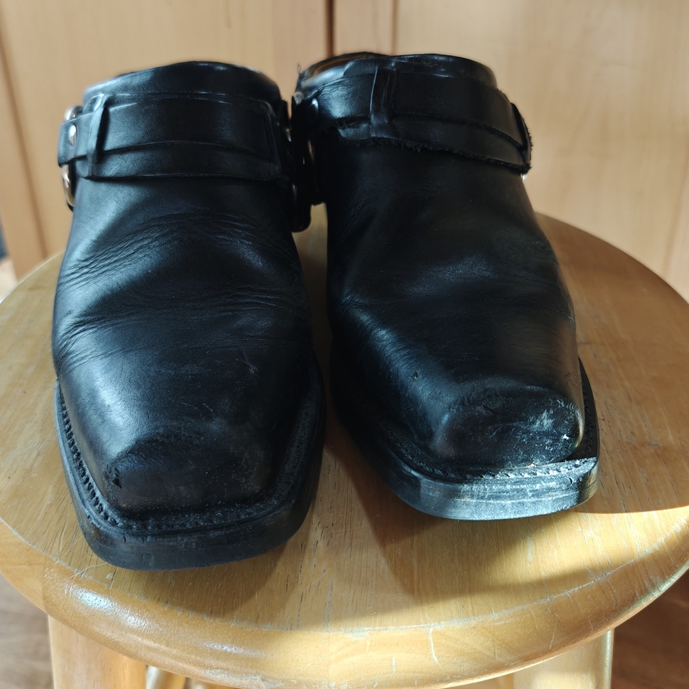 Frye Black Leather Harness Mules with Silver Accents - Picture 2 of 9